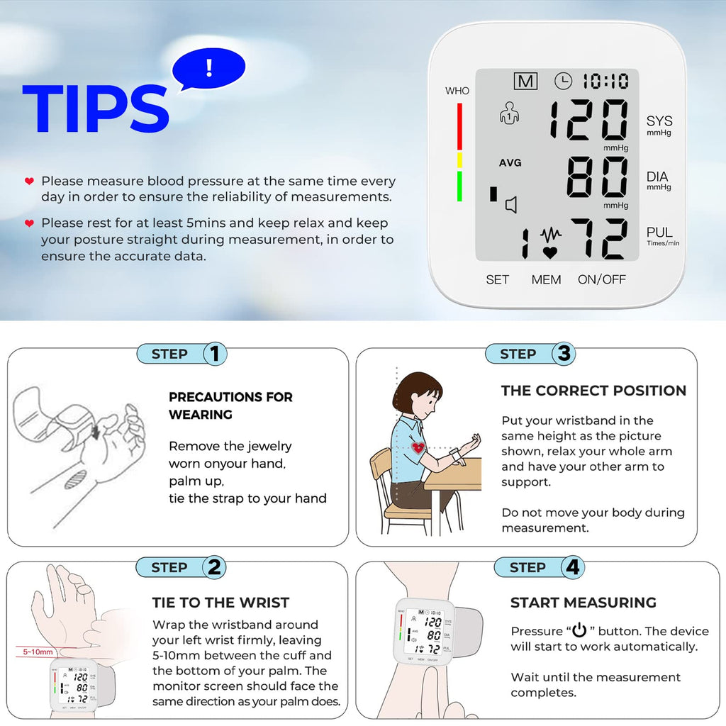 Wrist Blood Pressure Monitor Large LCD Display Adjustable Cuff 99x2 Sets Memory with Carrying Case White Pack of 5 M6580