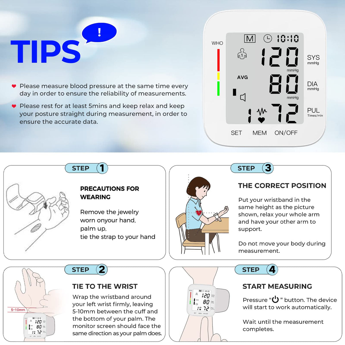 Wrist Blood Pressure Monitor Large LCD Display Adjustable Cuff 99x2 Sets Memory with Carrying Case White Pack of 5 M6580