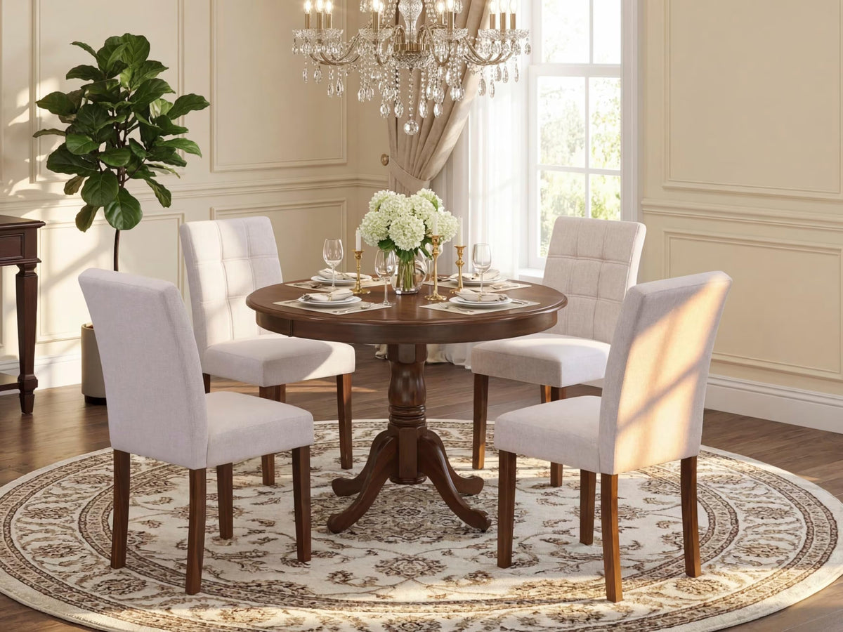 5 Piece Mid Century Dining Table Set with 4 Beige Fabric Chairs B91489