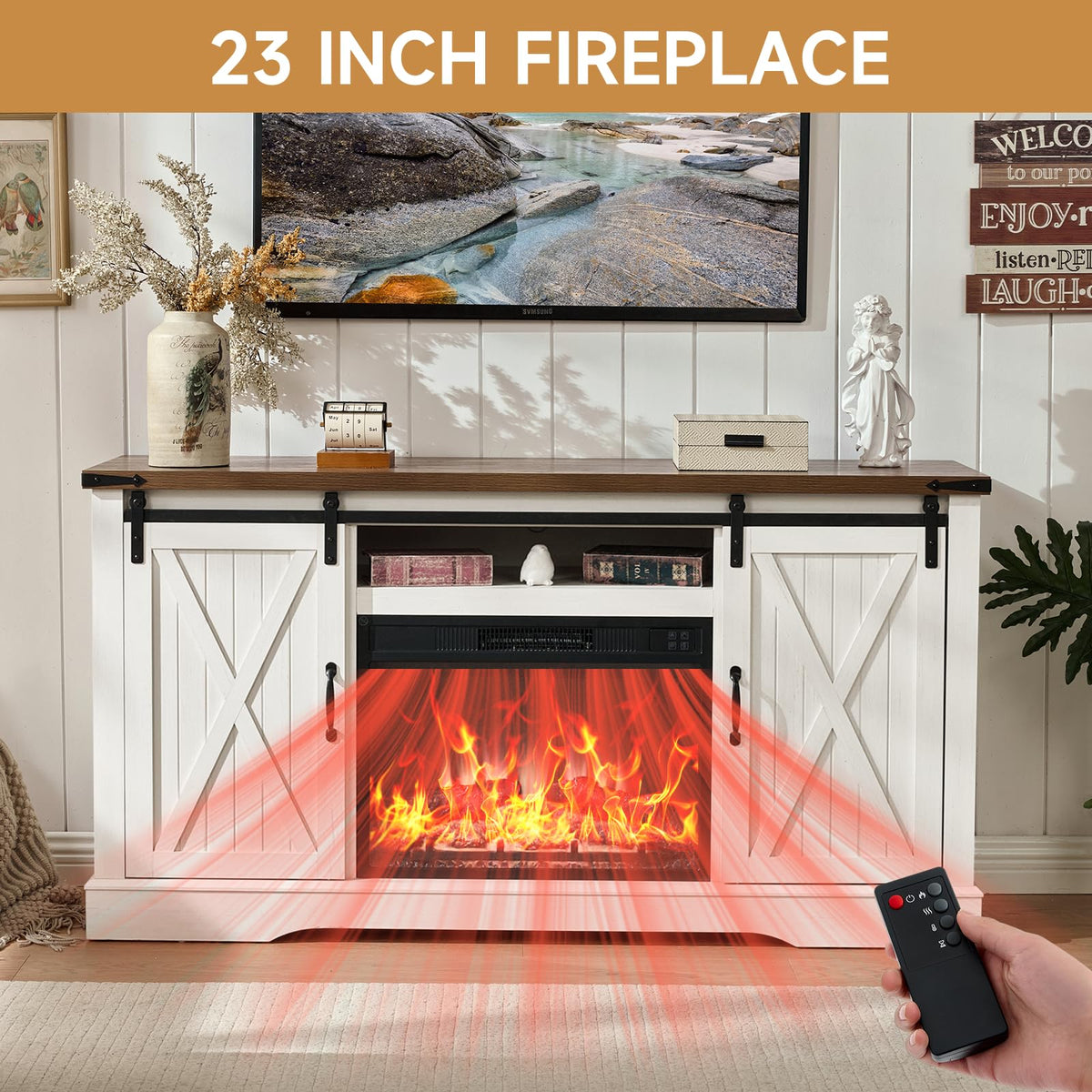 58" Fireplace TV Stand for TV up to 65 Inch with Sliding Barn Doors, White J76908