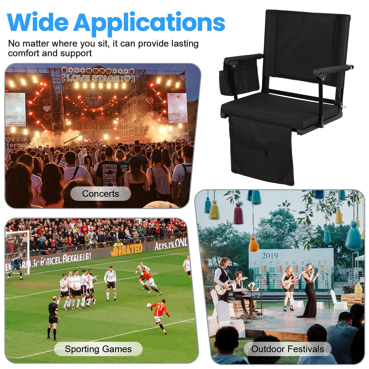 2 Pcs Folding Stadium Seat with Back Support and Cushion X676803