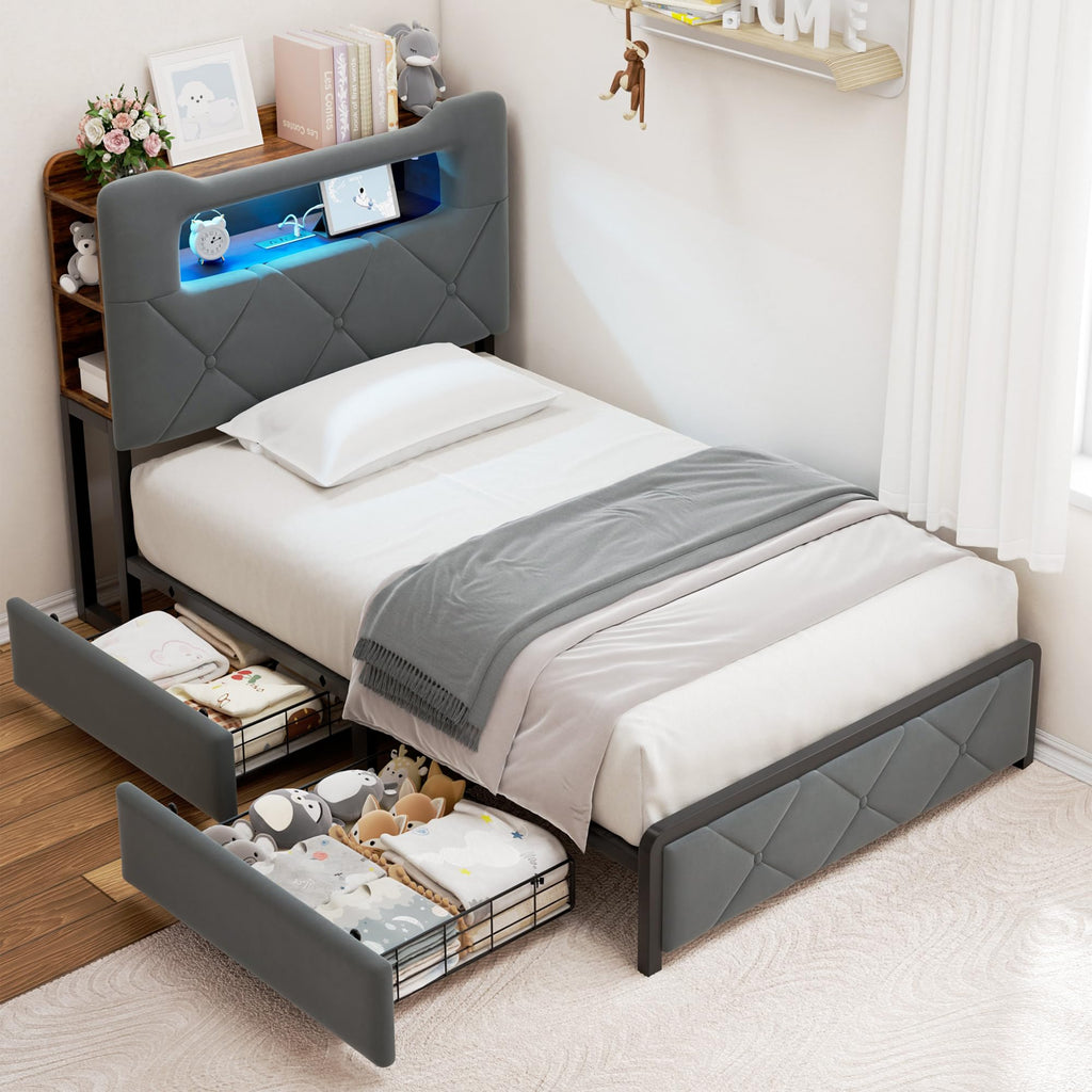 Twin Upholstered Velvet Platform Bed Frame with 2 Storage Drawers M995973