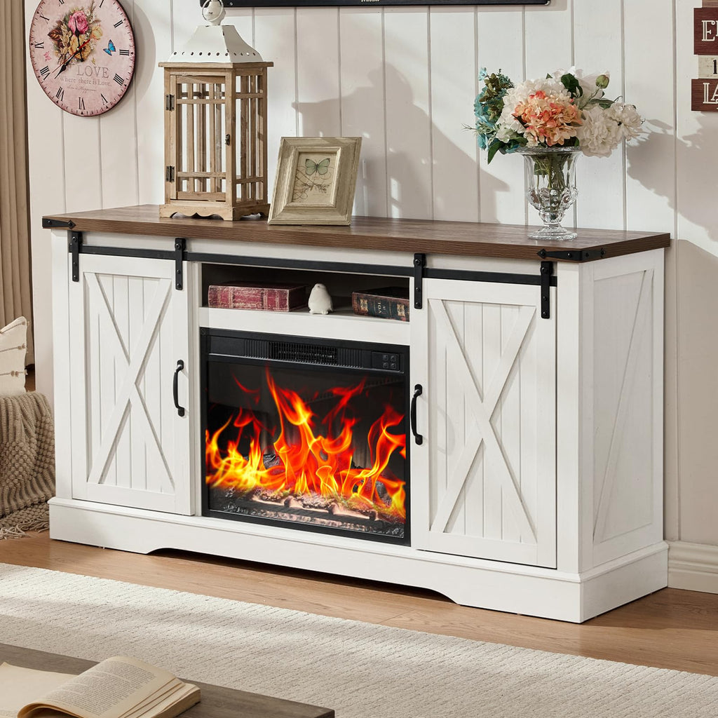 58" Fireplace TV Stand for TV up to 65 Inch with Sliding Barn Doors, White J76908