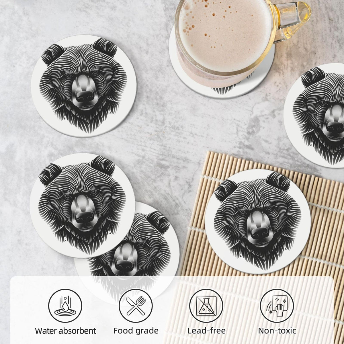 Black and White Bear Head Ceramic Coasters Set of 6 X1413