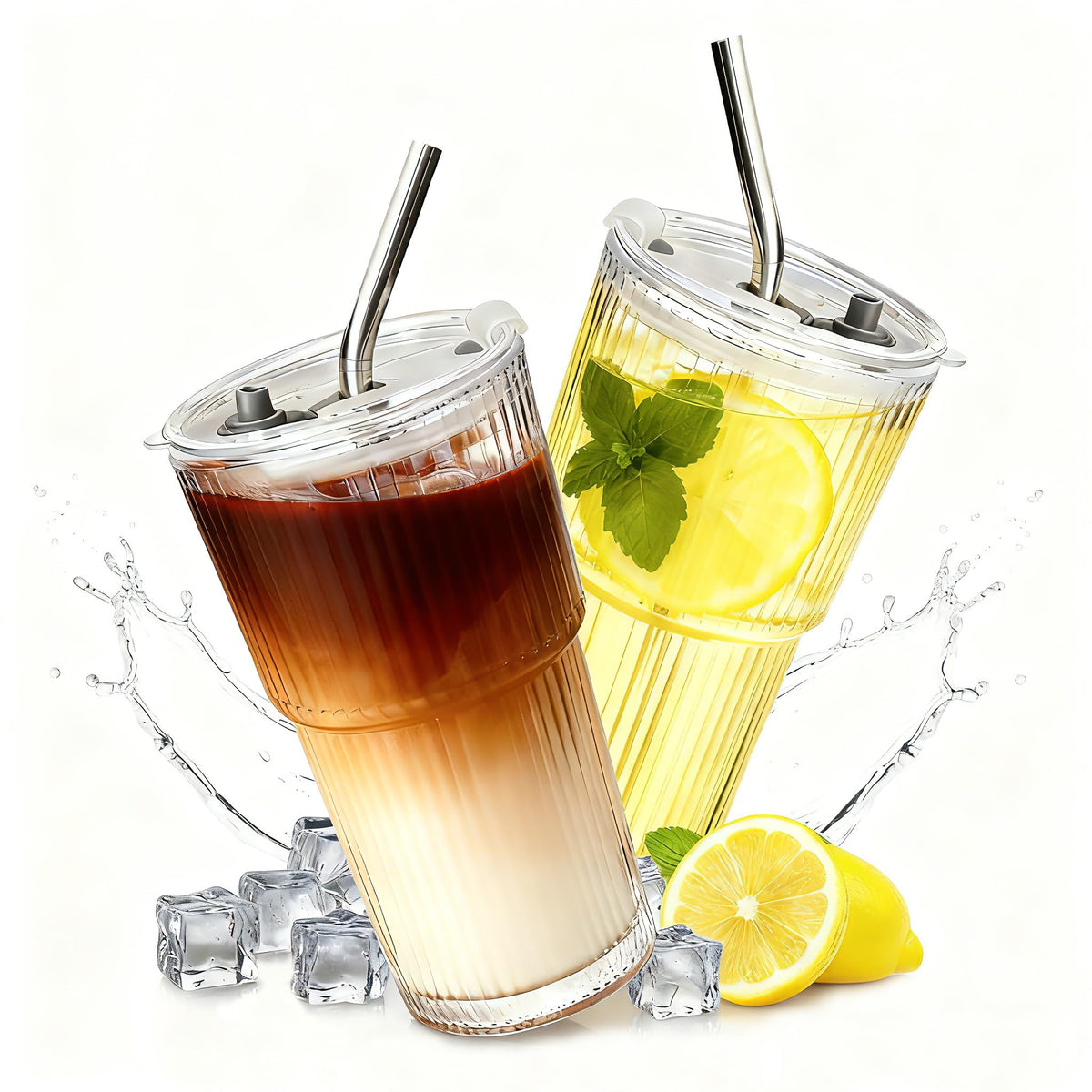 2 Packs Ribbed Glass Tumbler with Lid and Straw 16 oz L904