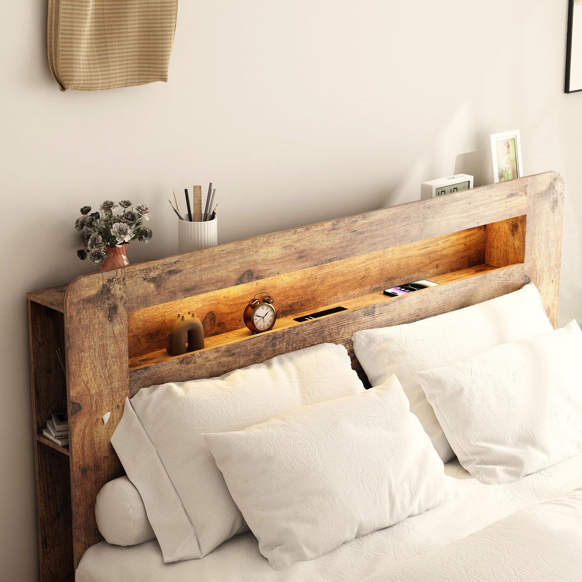 Full Size Dark Brown Wood Platform Bed Frame with Storage D292