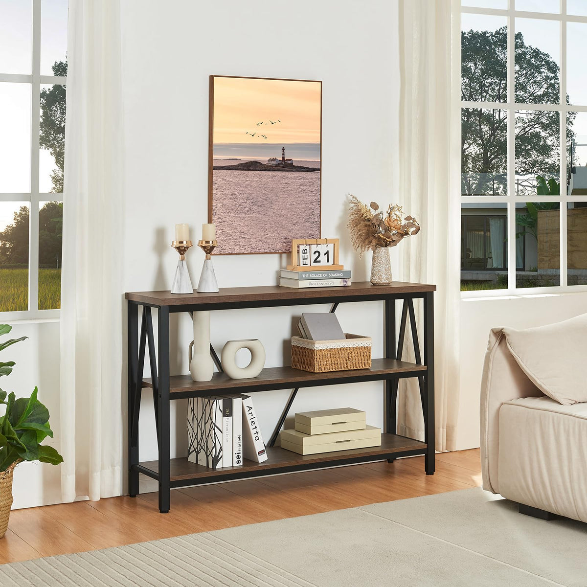 Brown 3 Tier Console Table with Open Shelves Q800123