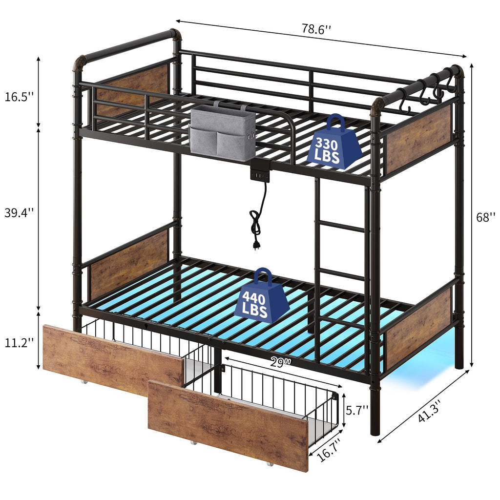 Metal LED Bunk Bed Twin Over Twin with 2 Storage Drawers M317452