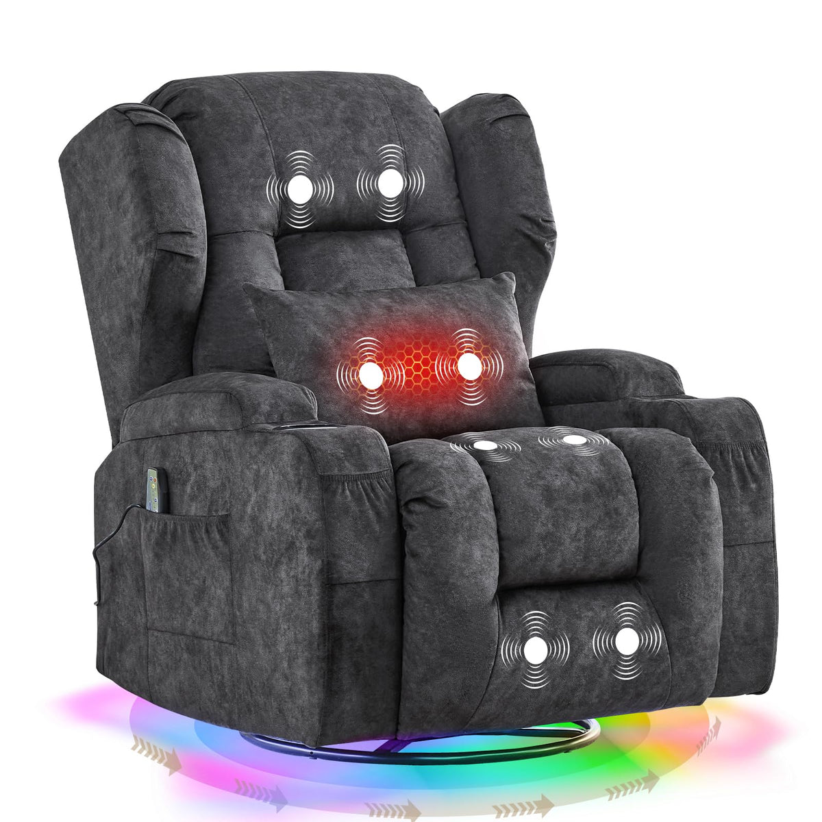 Velvet Gray Swivel Rocker Recliner with Massage and Heat P5934