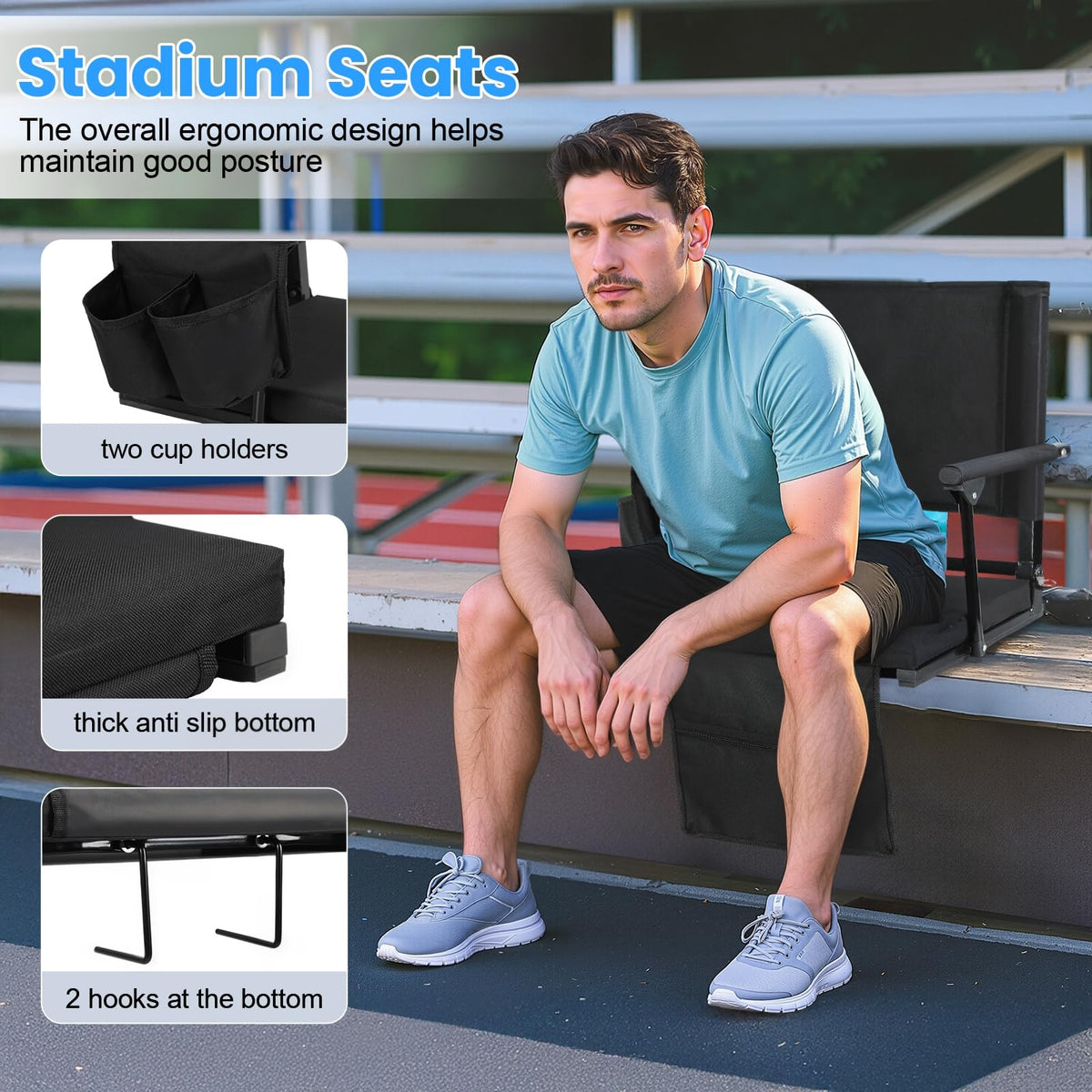 2 Pcs Folding Stadium Seat with Back Support and Cushion X676803