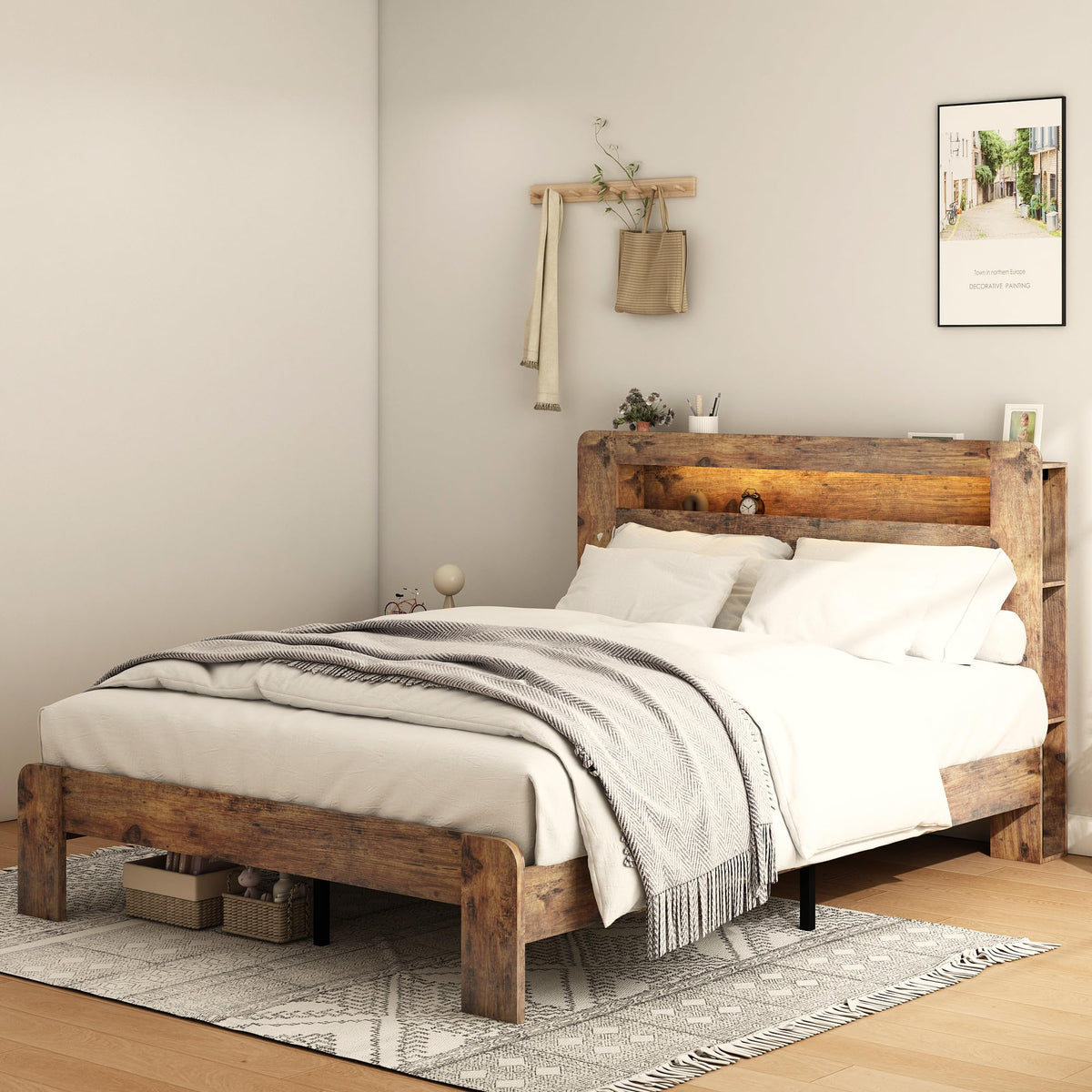 Full Size Dark Brown Wood Platform Bed Frame with Storage D292