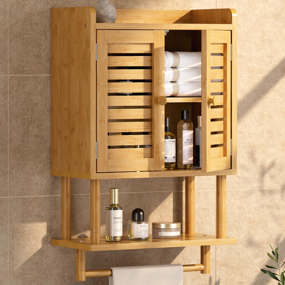 Bamboo Over The Toilet Storage Cabinet with Towel Bar G5967