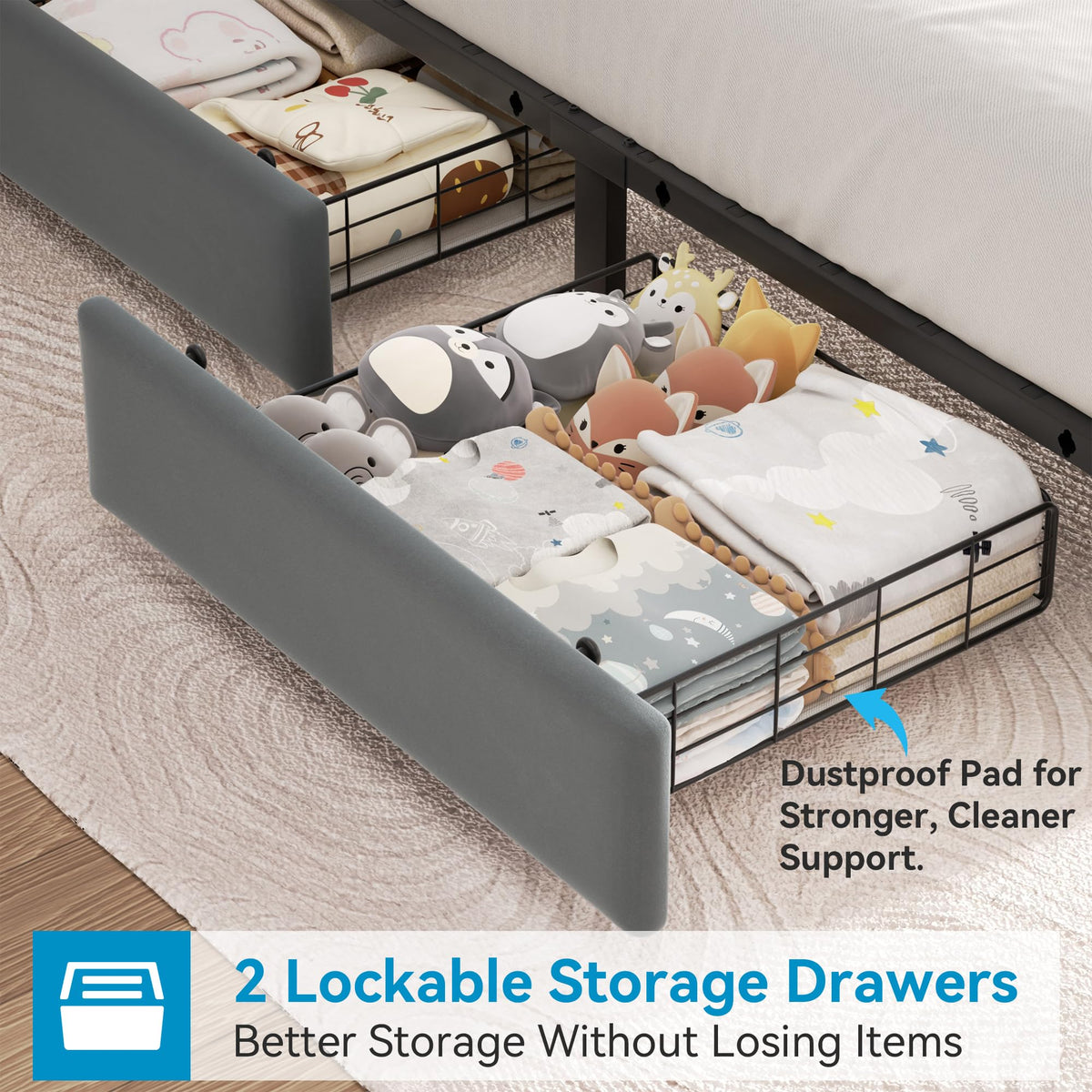 Twin Upholstered Velvet Platform Bed Frame with 2 Storage Drawers M995973