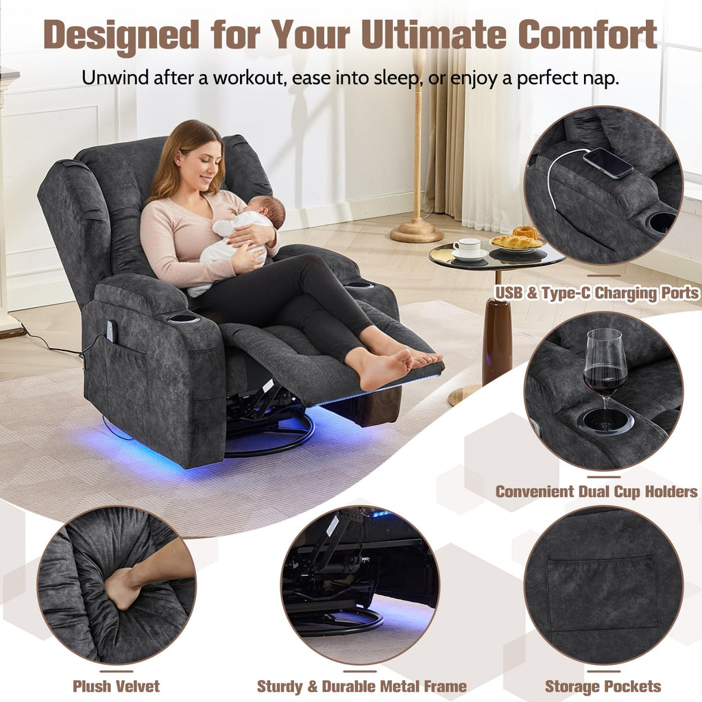 Velvet Gray Swivel Rocker Recliner with Massage and Heat P5934