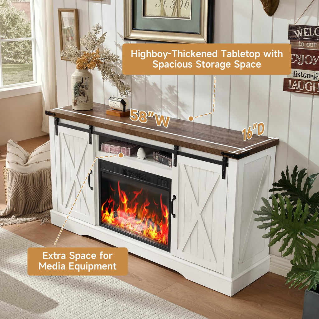 58" Fireplace TV Stand for TV up to 65 Inch with Sliding Barn Doors, White J76908