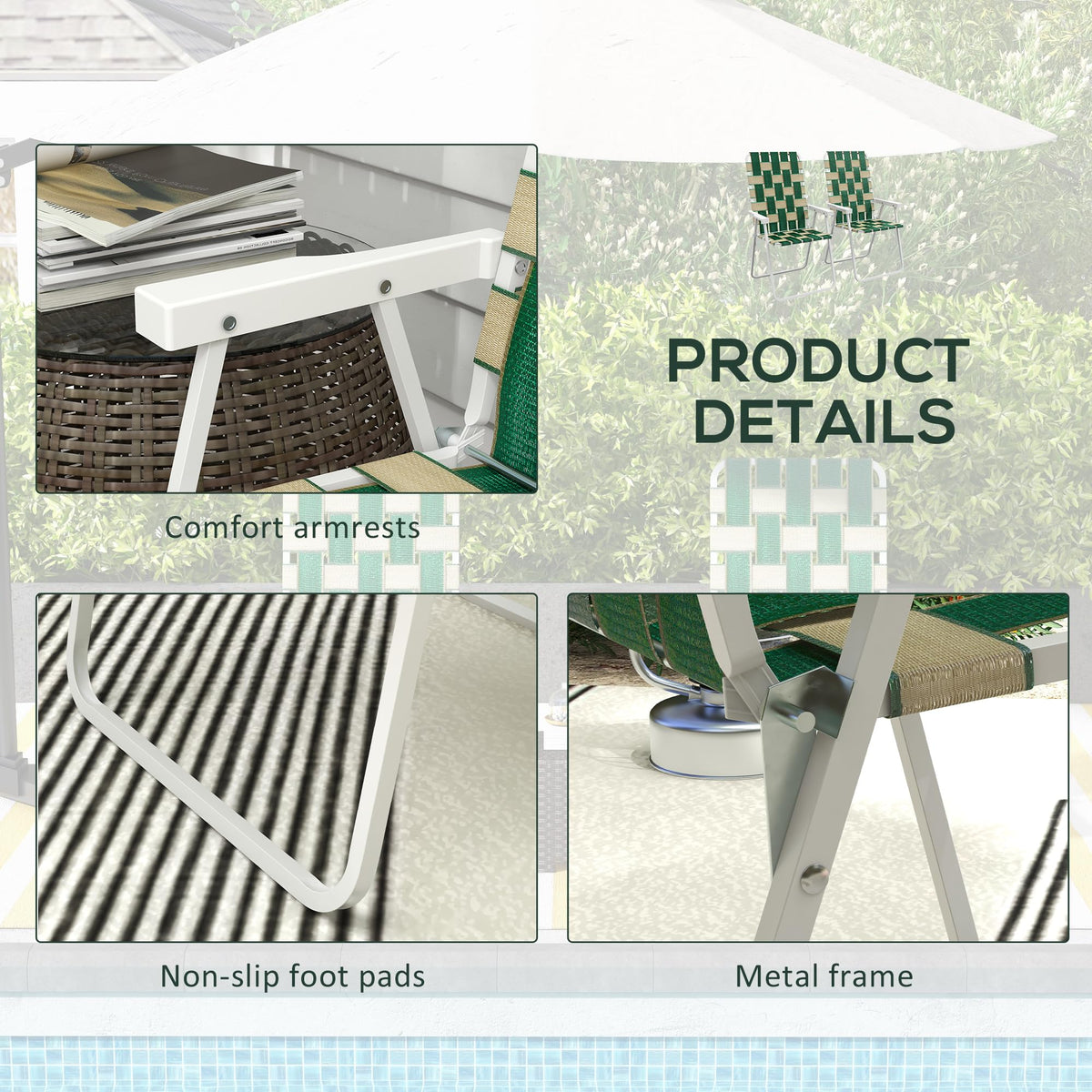 Set of 2 Oversized Folding Webbed Lawn Chairs with Armrests Y265