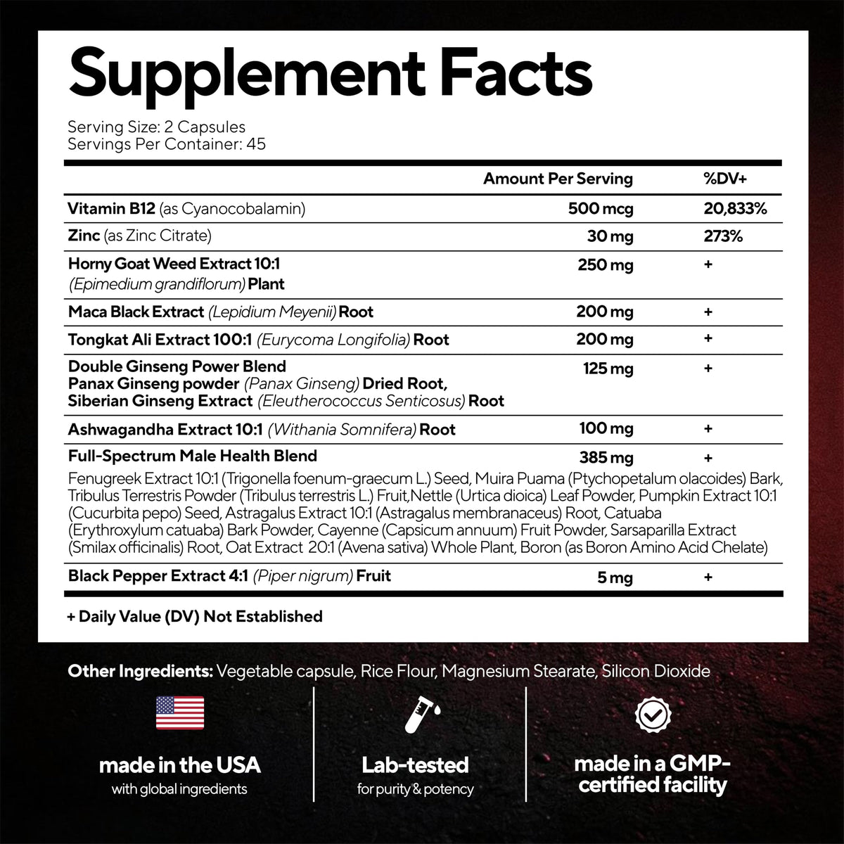 90 Vegan Caps Men Supplements with Tongkat Ali, Black Maca Root, Zinc, Vitamin B12 U172