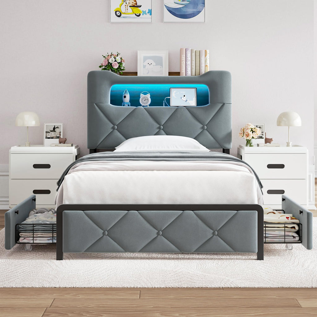Twin Upholstered Velvet Platform Bed Frame with 2 Storage Drawers M995973