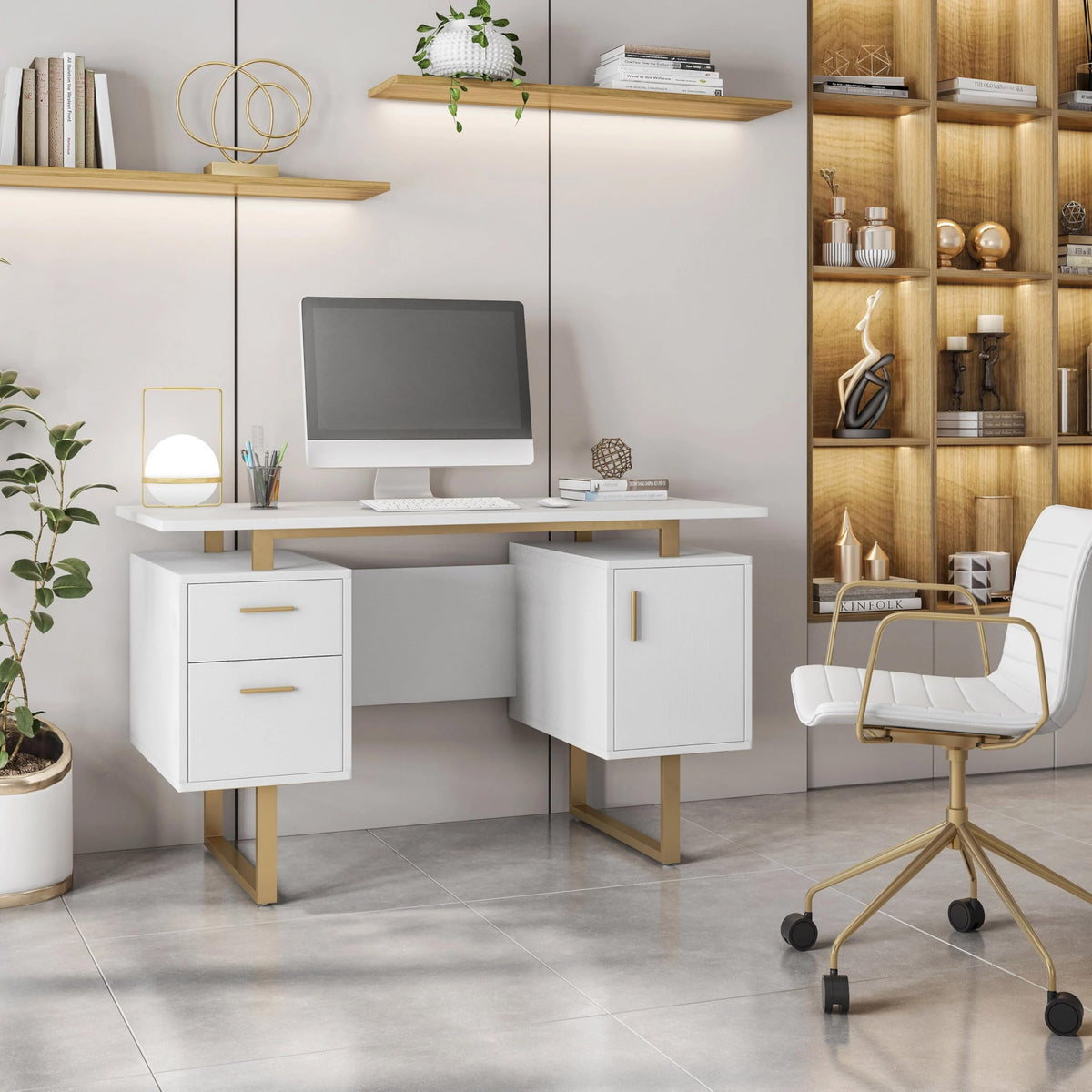 51"W Computer Desk with 2 Drawers & Storage Cabinet Q6544