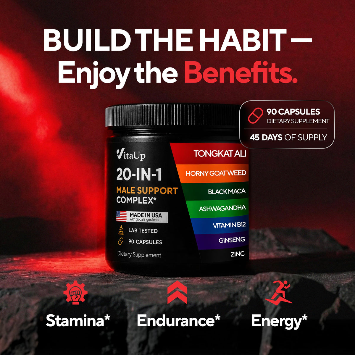 90 Vegan Caps Men Supplements with Tongkat Ali, Black Maca Root, Zinc, Vitamin B12 U172