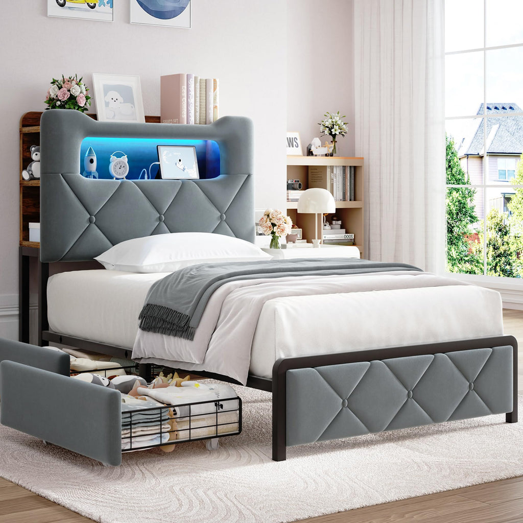 Twin Upholstered Velvet Platform Bed Frame with 2 Storage Drawers M995973