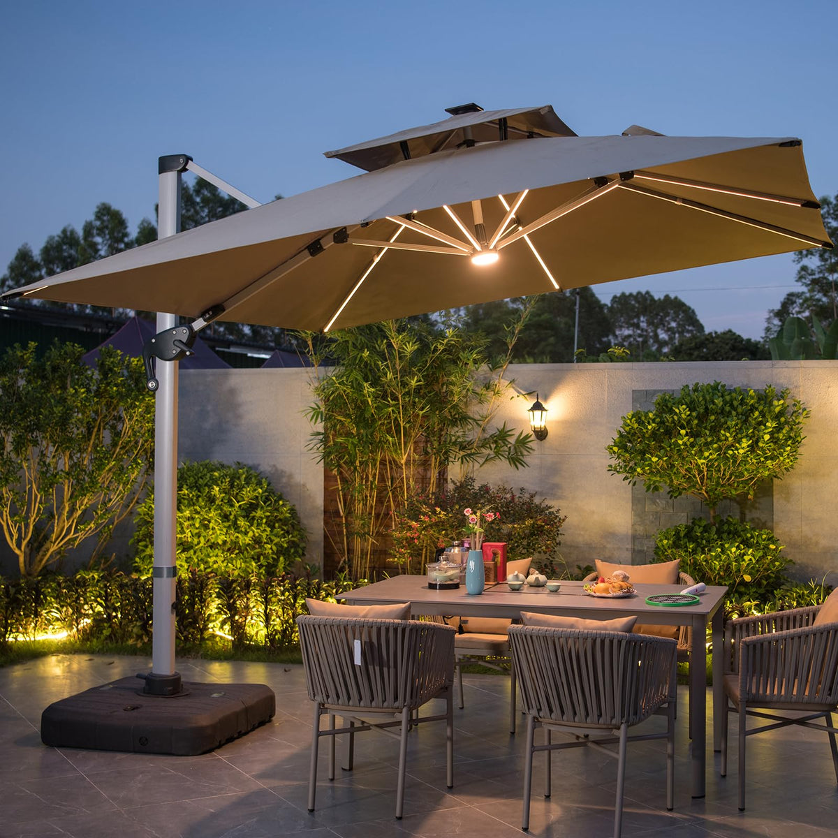 10 FT Square Cantilever Patio Umbrella with Solar LED Lights and Cross Base, Khaki F483548