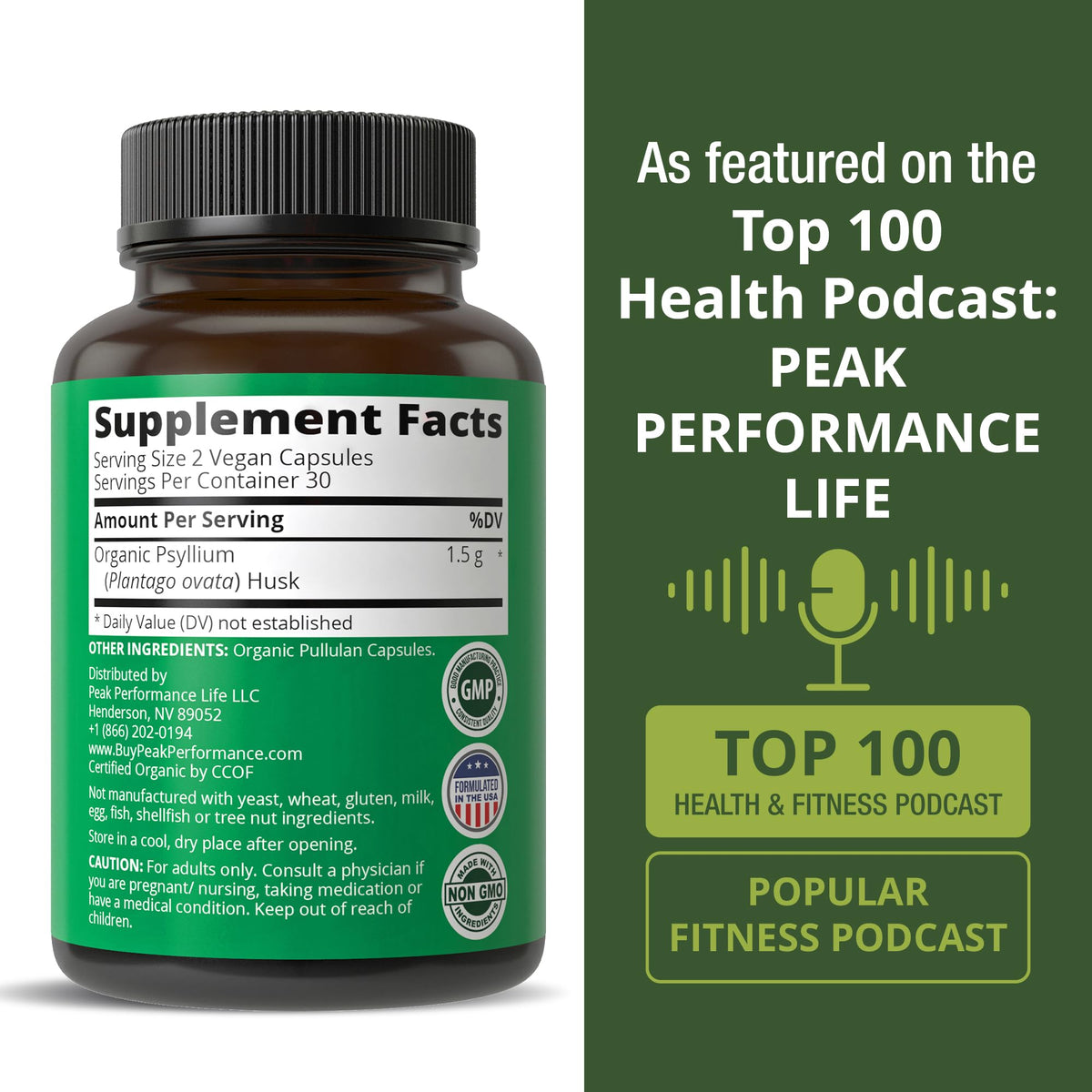 Organic Psyllium Husk Vegan Capsules Fiber Supplement C4566