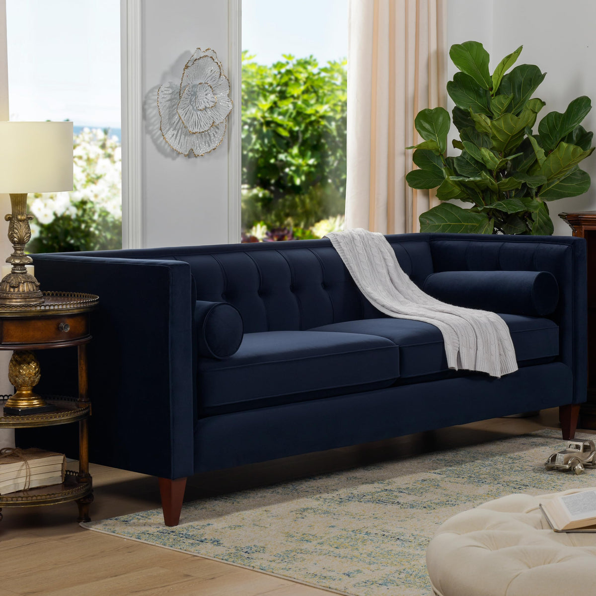 Dark Navy Blue Performance Velvet Tufted Sofa J39500