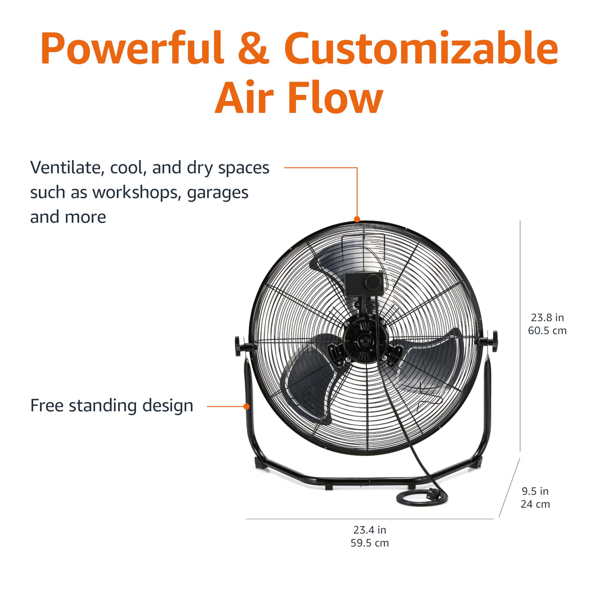 20" High Velocity Industrial Floor Fan with 3 Speeds, Metal Housing, Black B36436
