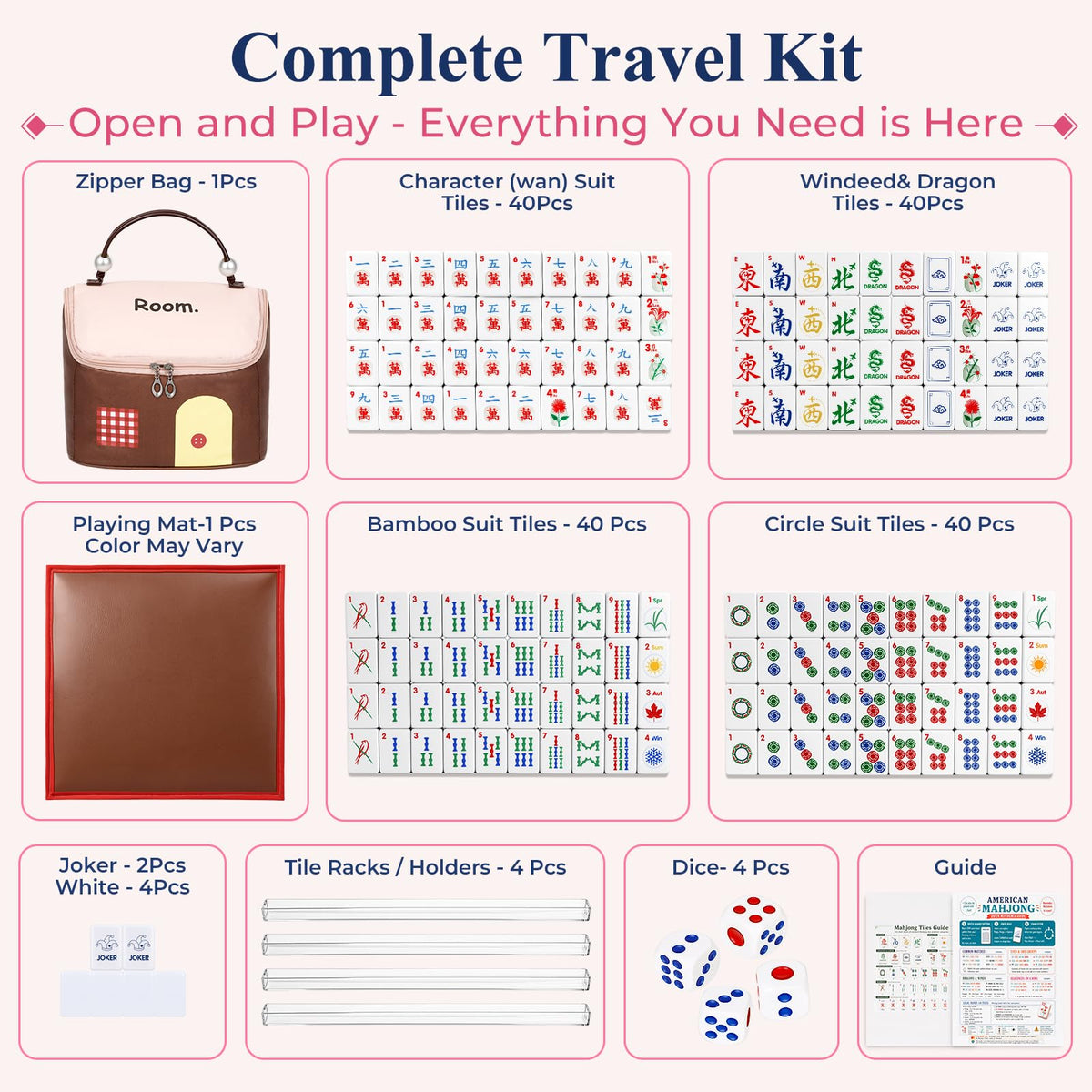 American Mahjong Set 166 Mini 0.8-Inch Tiles 4 Racks Pink W21635