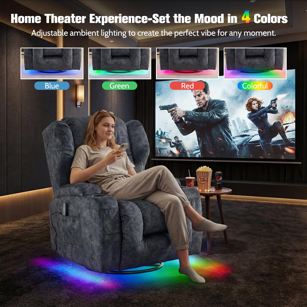 Velvet Gray Swivel Rocker Recliner with Massage and Heat P5934