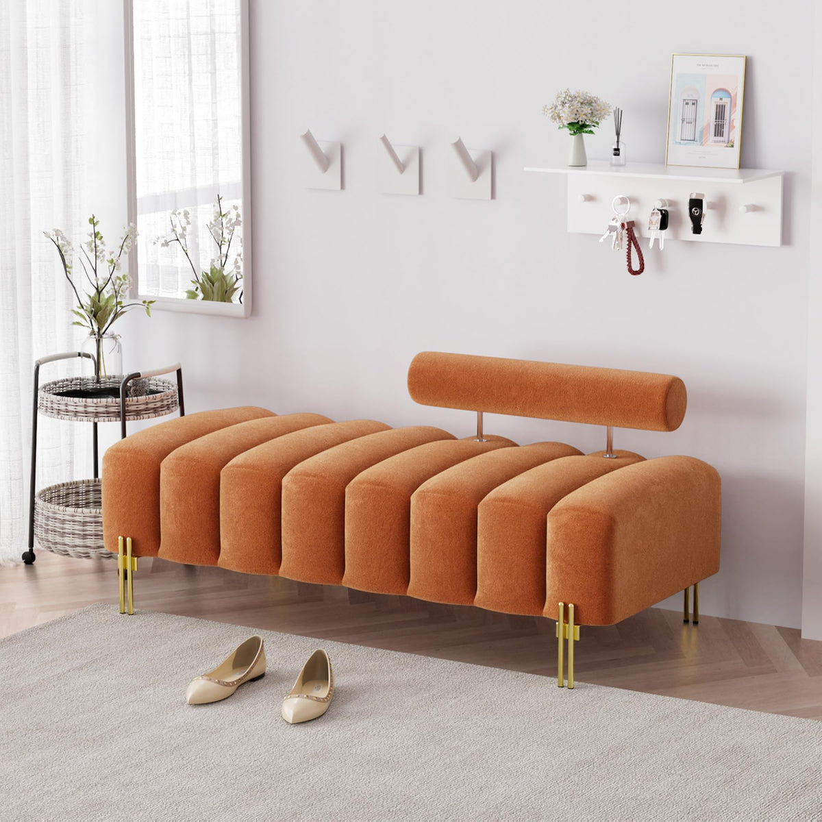 Orange Velvet Ottoman Bench D318648