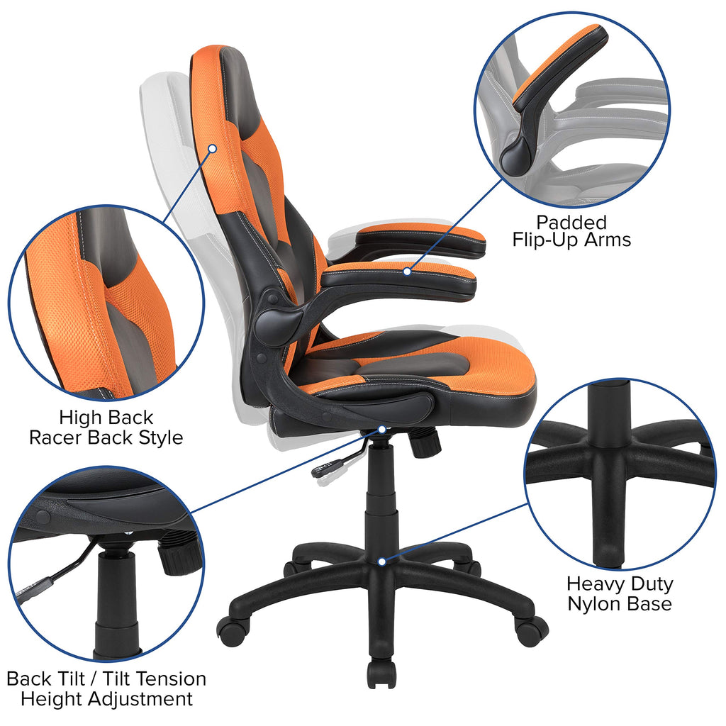 Orange Black Ergonomic Gaming Chair with Flip-Up Arms W400