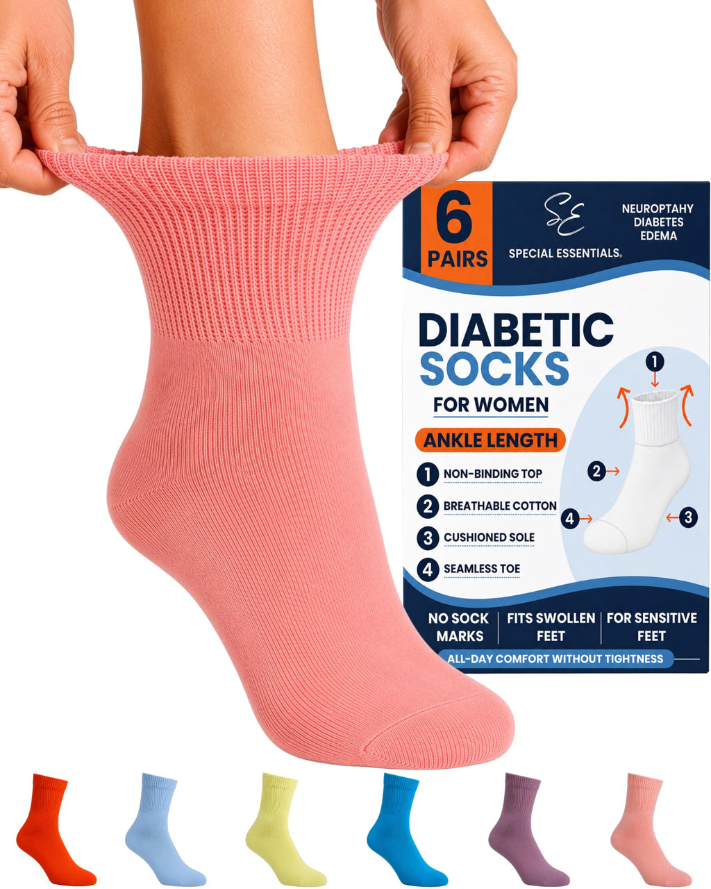 Women's Diabetic Ankle Socks, 6 Pairs, Non-Binding Z425