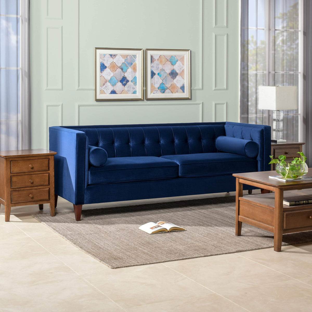 84" Navy Blue Velvet Tufted Sofa K483172