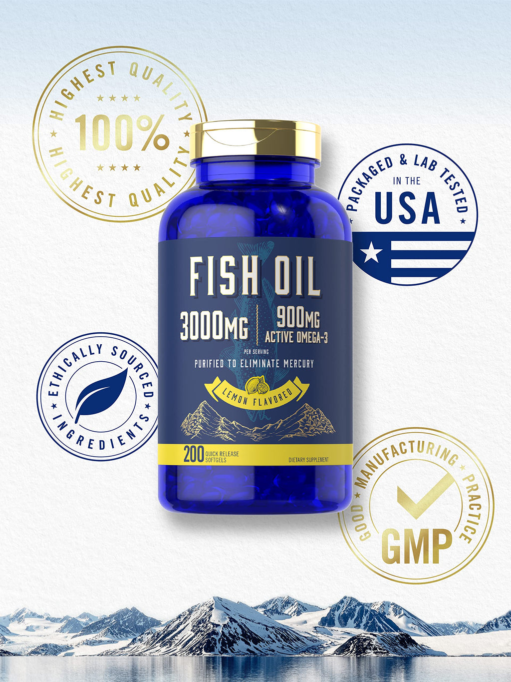 Fish Oil 3000mg 900mg Omega 3 200 Softgels Lemon Flavor S22021