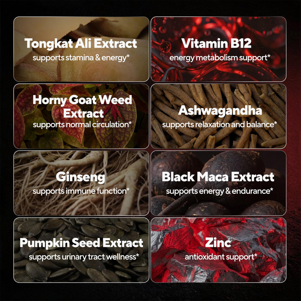 90 Vegan Caps Men Supplements with Tongkat Ali, Black Maca Root, Zinc, Vitamin B12 U172
