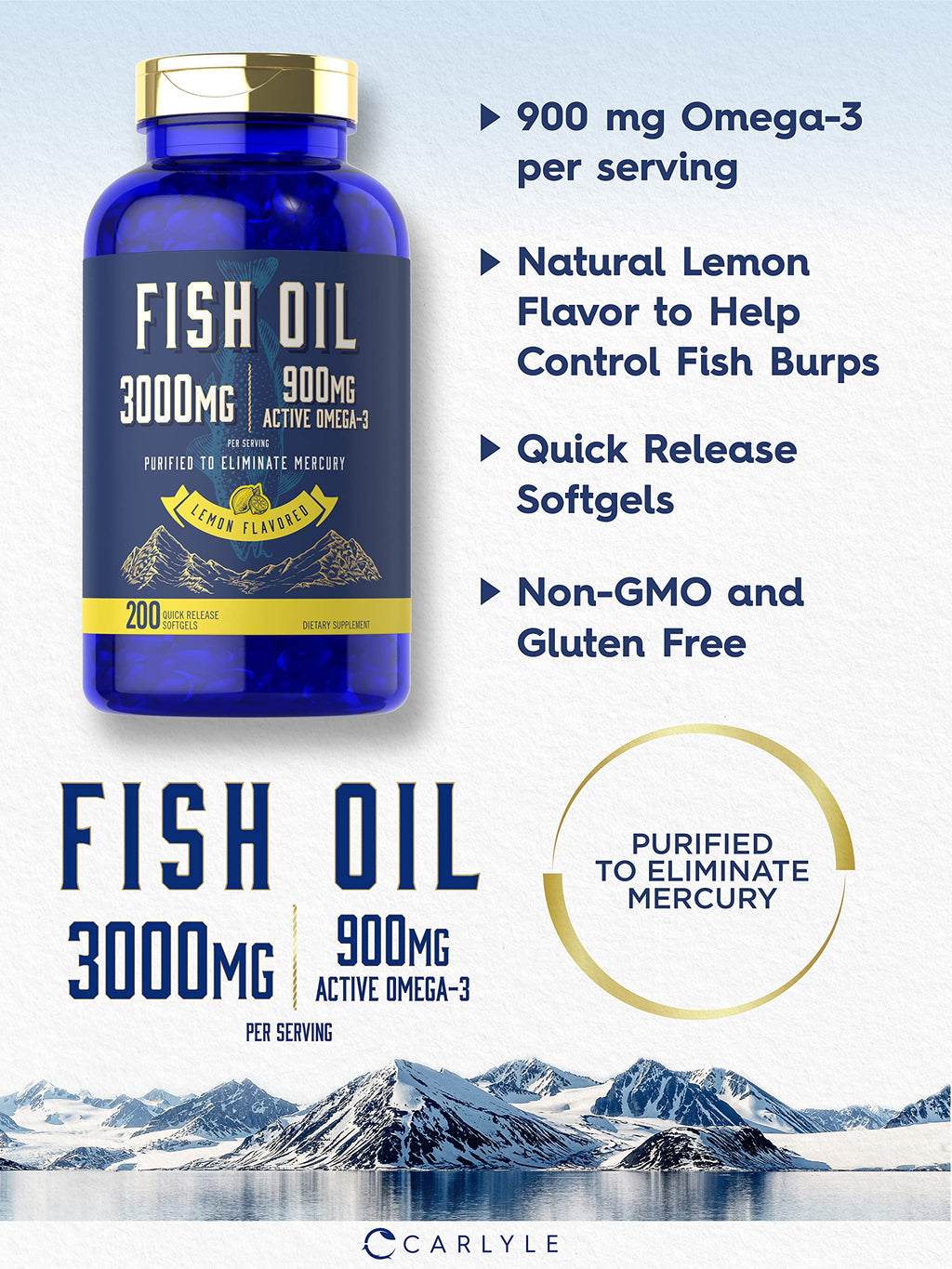 Fish Oil 3000mg 900mg Omega 3 200 Softgels Lemon Flavor S22021