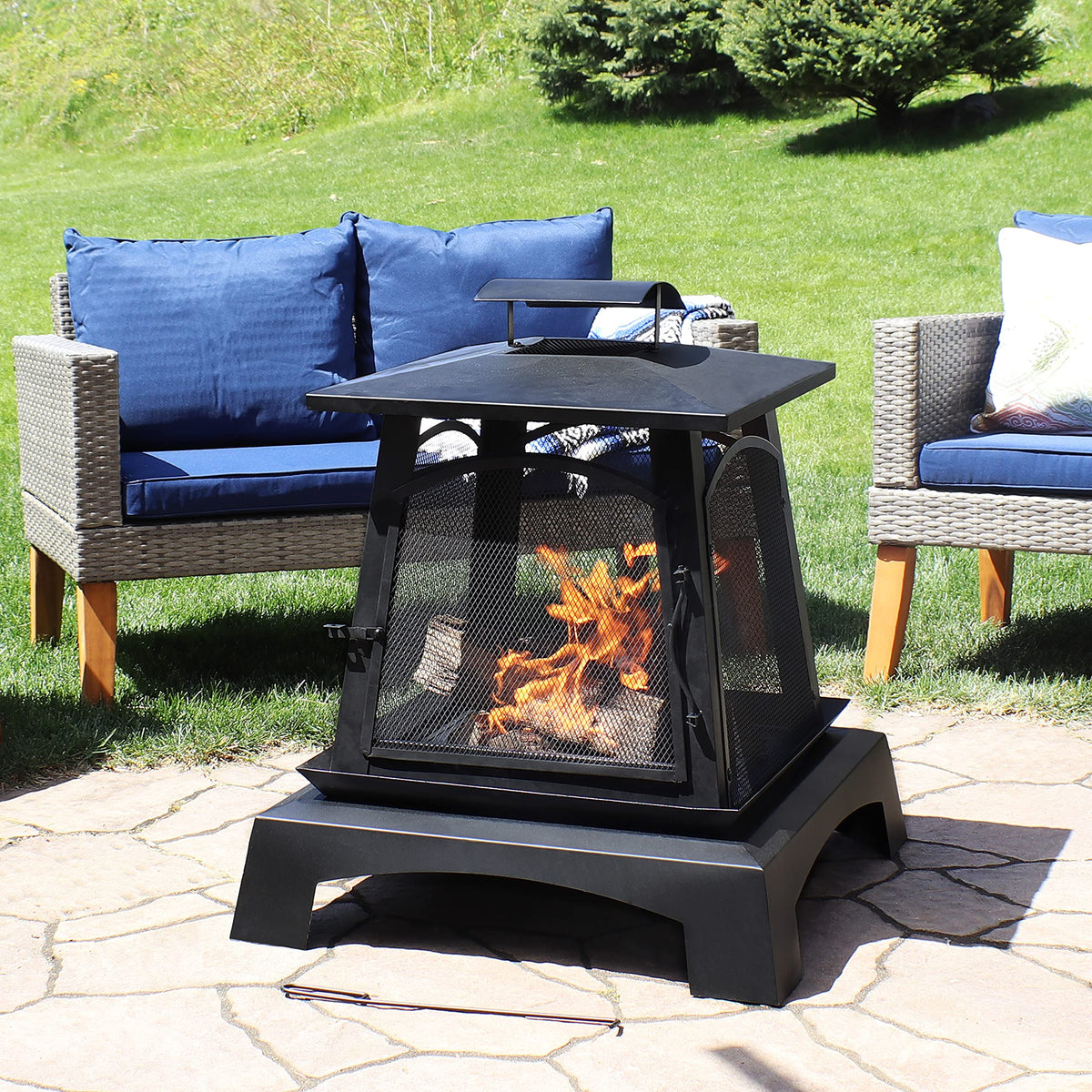 32-Inch Steel Wood-Burning Fire Pit with Log Grate and Poker W599