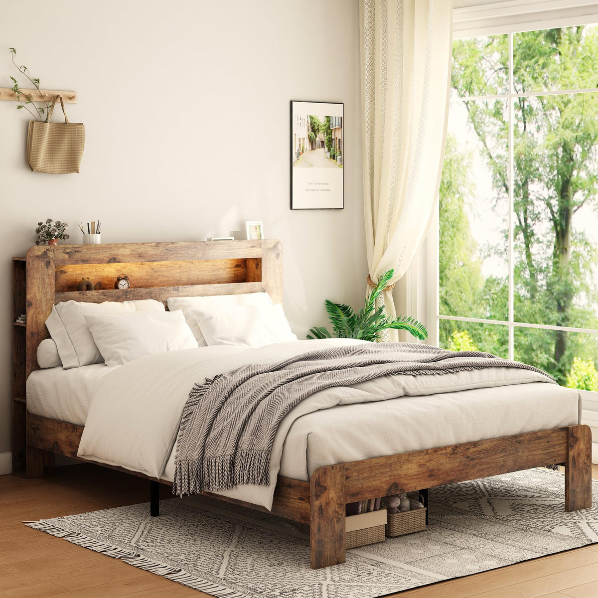 Full Size Dark Brown Wood Platform Bed Frame with Storage D292