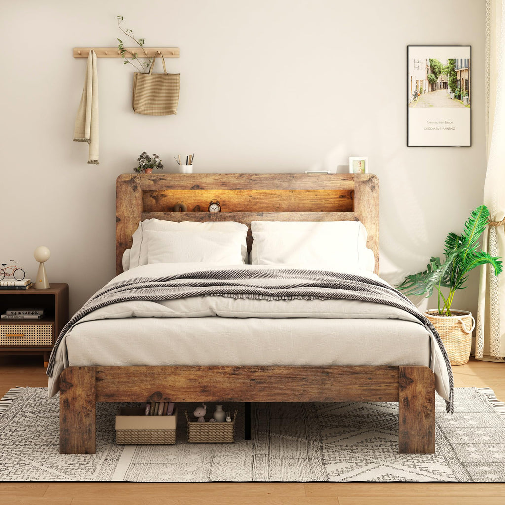 Full Size Dark Brown Wood Platform Bed Frame with Storage D292