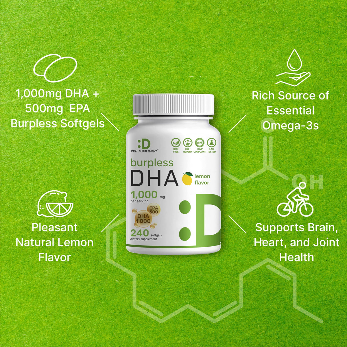 240 Softgels Lemon Flavor DHA 1000mg EPA 500mg Omega-3 Softgels Z56857